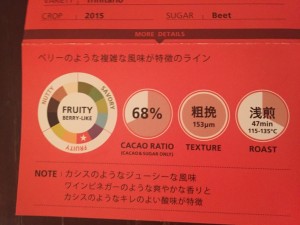 カカオと砂糖の比率、挽き方、焙煎を示した商品カード。珈琲とよく似てる!